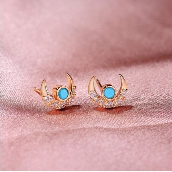 GOLD 14k Gold Plated Cubic Zirconia Turquoise Stud Earrings - Picture 4 of 4